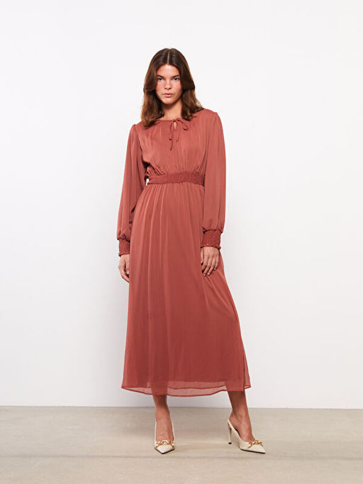 Ba?lamal? Yaka D?z Uzun Kollu ?ifon Kad?n Elbise