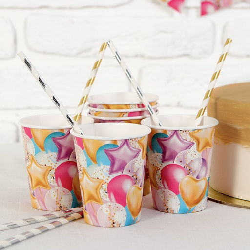 Набор бумажной посуды С днём рождения, шары, 6 тарелок, 6 стаканов, 6 колпаков, 1 гирлянда - Страна карнавалия фото 2