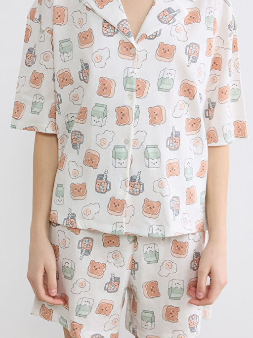 G?mlek Yaka Desenli Kad?n ?ortlu Pijama Tak?m?