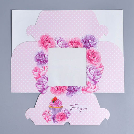 Цена за 5 шт. Коробка для капкейков, кондитерская упаковка с окном, 4 ячейки «Пионы», 16 х 16 х 10 см