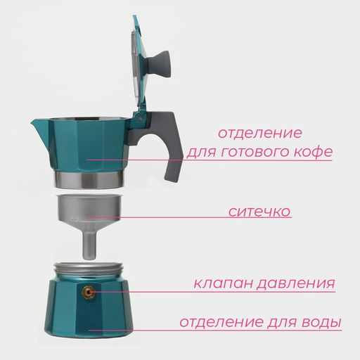 Кофеварка гейзерная Доляна Azure, на 1 чашку, 50 мл, алюминий, бирюзовая  фото 3