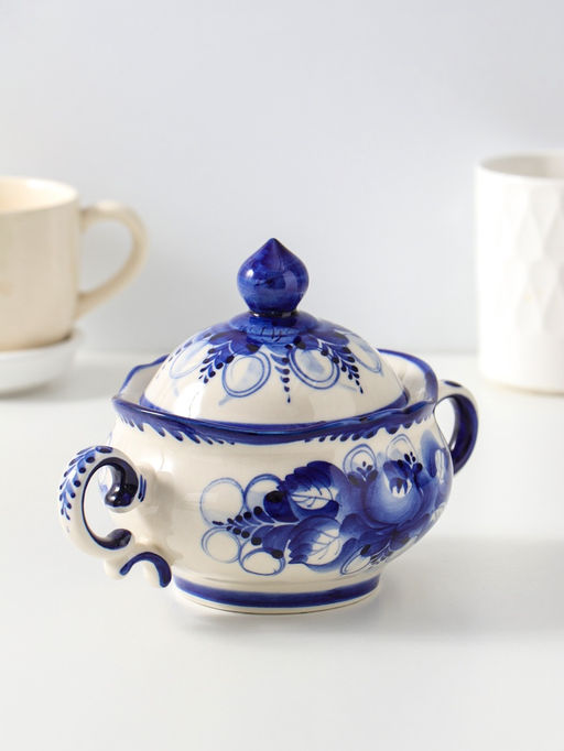 Сахарница фарфоровая «Тюльпан», с ручками, 0.5 л, 12×17 см, гжель