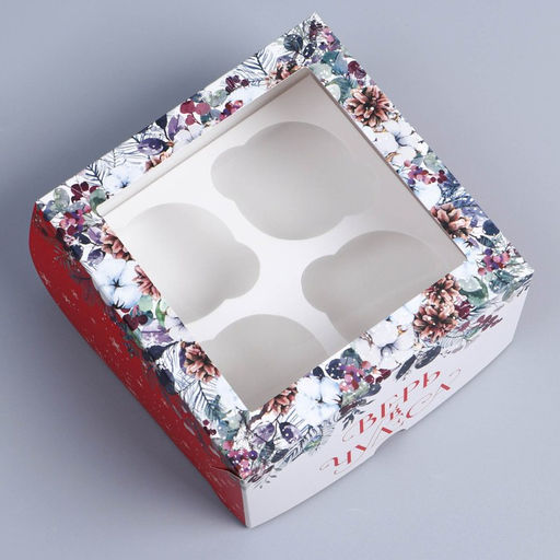 Цена за 5 шт. Коробка складная на 4 капкейка новогодняя с окном «Верь в чудеса», 16×16×10 см