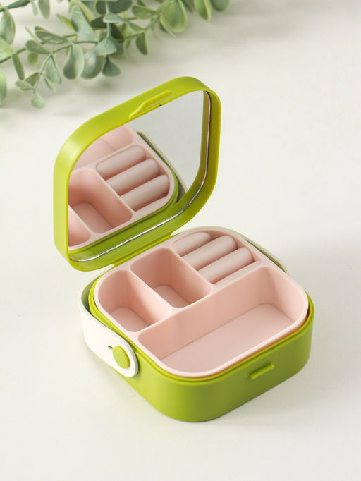 Шкатулка для украшений с зеркалом, с ручкой 3 ячейки, 3 полосы, зелёный, пластик, 9×9×3.8 см