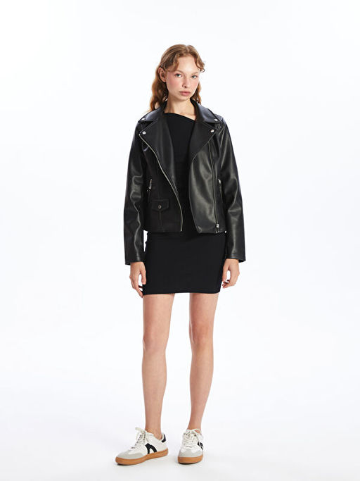 Biker Yaka Kad?n Deri G?r?n?ml? Ceket