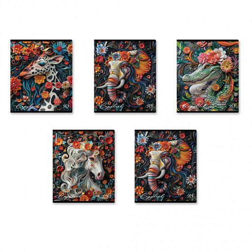 Цена за 5 шт. Тетрадь общая ученическая ErichKrause Flower Animals, 48 листов, выборочный УФ-лак, клетка_MIX-PACK  фото 2