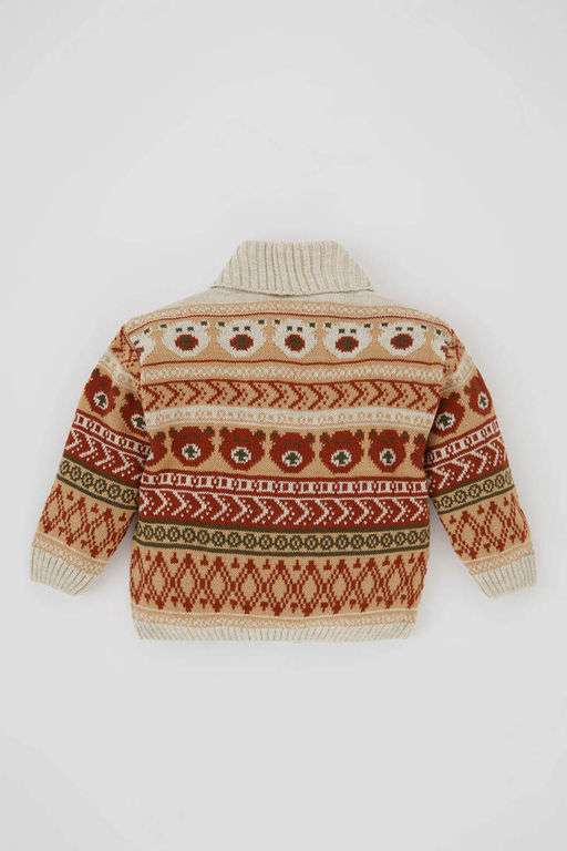 Трикотажный кардиган с шалевым воротником и этническим узором для маленьких мальчиков - Defacto фото 5