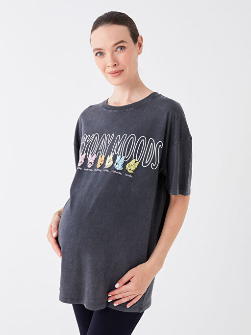 Bisiklet Yaka Daisy Duck Bask?l? K?sa Kollu Oversize Hamile Ti??rt