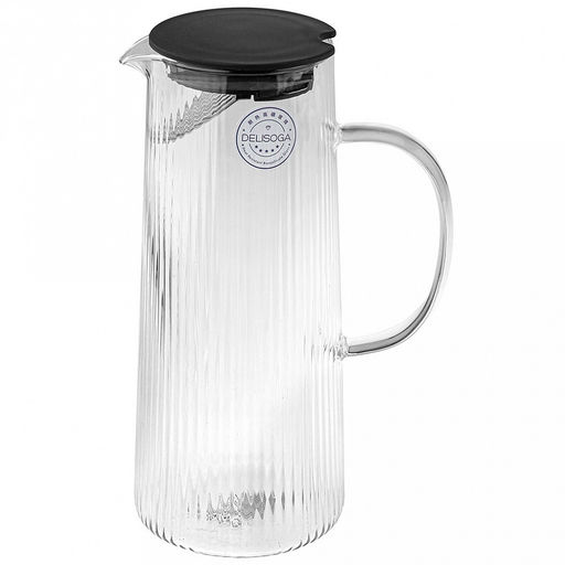 "Делисога (Delisoga)" Кувшин стеклянный "Миледи" 1,3л, д10см h23,6см, тонкостенное, рельефное, боросиликатное стекло, крышка пластик с силиконовым уплотнителем, с фильтрующими отверстиями из нержавеющей стали, д/горла 7,8см, д/основания 8,6см, в пода