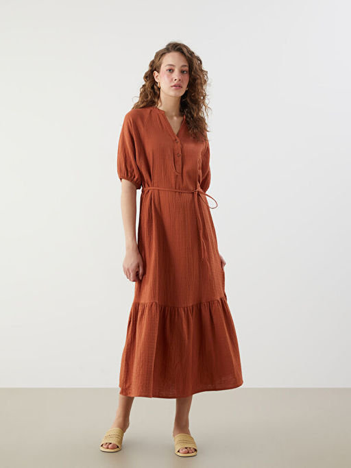 Ka??k Yaka Dokulu Balon Kollu M?slin Elbise