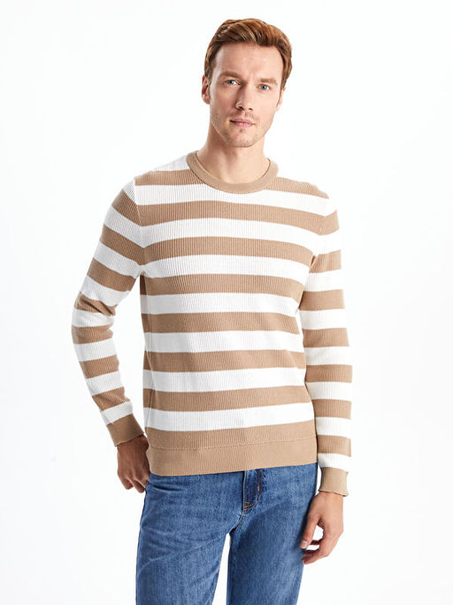 Bisiklet Yaka Uzun Kollu ?izgili Erkek Triko Kazak