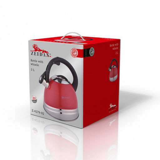 Чайник из нержавеющей стали "Zeidan" 3л, со свистком, внешнее антипригарное цветное покрытие, фиксированная бакелитовая ручка с покрытием "soft-touch", курковый механизм, капсулированное индукционное дно, подарочная коробка (Китай) Подходит для всех