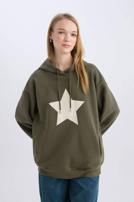 Женская толстая толстая толстовка свободного кроя цвета хаки с капюшоном и принтом на спине, широкий крой - Defacto фото 5