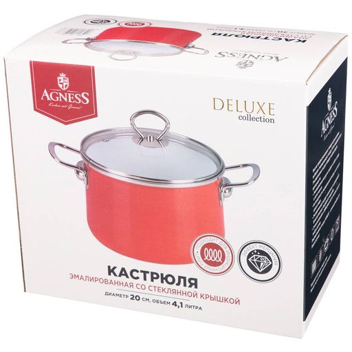 КАСТРЮЛЯ ЭМАЛИР. СО СТЕКЛ. КРЫШКОЙ С ЭФФЕКТОМ МЕТАЛЛИК СЕРИЯDELUXE ЦВ:КРАСНЫЙ 4,1 Л. 20Х13,5 СМ - Agness фото 2