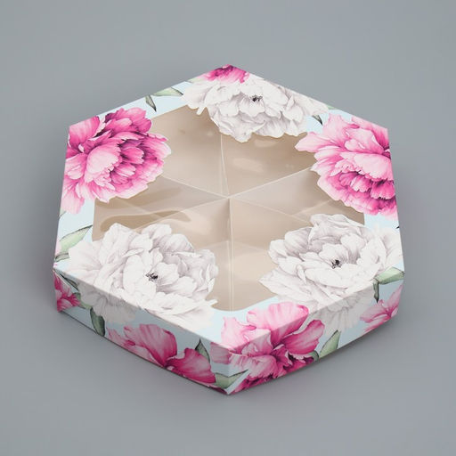 Цена за 5 шт. Коробка кондитерская, упаковка, «Пионы», 23 х 23х 4 см