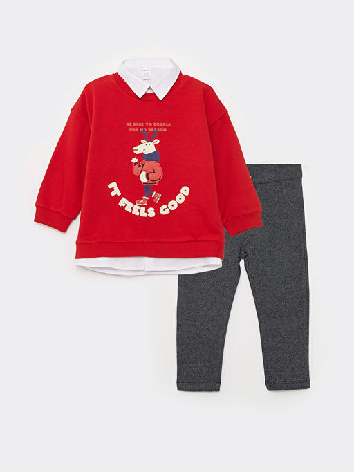 G?mlek Yaka Uzun Kollu Bask?l? Erkek Bebek Sweatshirt ve Pantolon 2li Tak?m