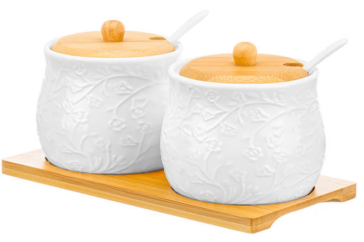 Набор 2 банок д/хранения 320 мл 19,5*10*9,5 см Веточки-цветочки + 2 ложки + дер.крышк.на дер.подст - Elan gallery фото 4