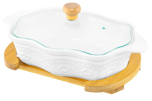 Блюдо д/зап и серв 32*20*14 см 1,5 л ажур Белый узор + стекл крышка на дер подстав. - Elan gallery фото 24