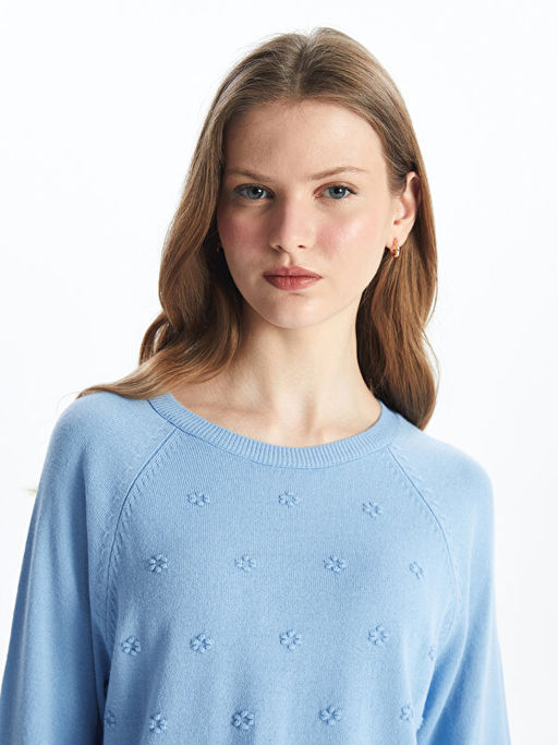 Bisiklet Yaka Kendinden Desenli Uzun Kollu Kad?n Triko Kazak