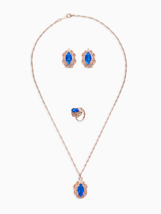 Гарнитур 3 предмета: серьги, кулон, кольцо безразмерное Эдель ажурный овал, цвет син в золоте, 45 см