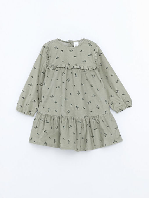 Bisiklet Yaka K?z Bebek ?i?ekli Kadife Elbise