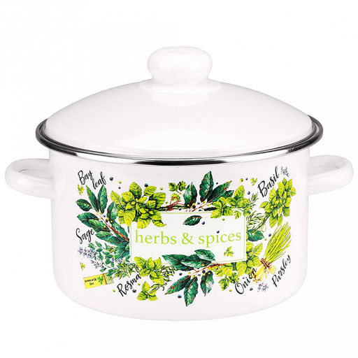 "Травы и специи" Кастрюля эмалированная 3л, цилиндрическая форма, металлическая крышка, ободок из нержавеющей стали, белый (Россия)