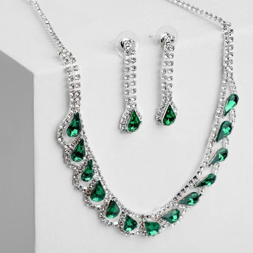 Набор 2 предмета: серьги, колье Листопад капли, цвет зелёно-белый в серебре, 45 см