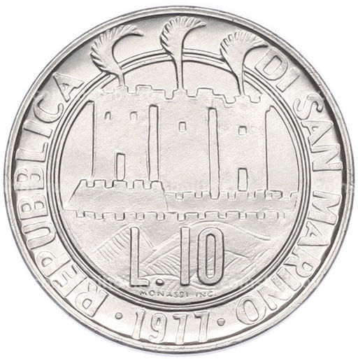 Монета 10 лир 1977 года Сан-Марино