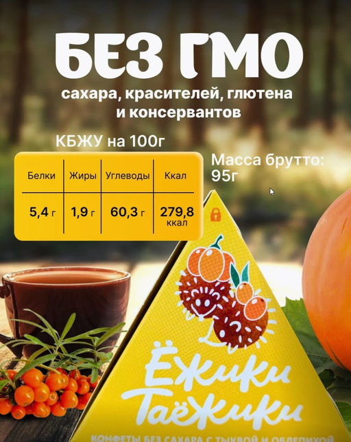 Конфеты натуральные без сахара ТЫКВА-ОБЛЕПИХА / 95 г / коробка / ТМ Ежики-Таежики