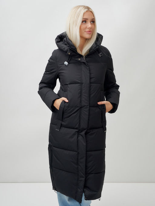 Пальто утепленное стеганное зимнее с капюшоном женское черного цвета 9608Ch - Mtforce фото 19