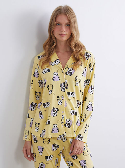 G?mlek Yaka Bask?l? Kad?n Pijama ?st?