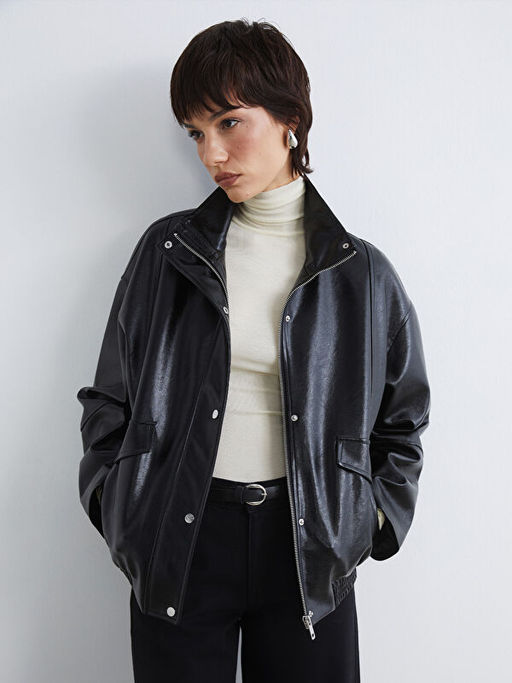 Dik Yaka Oversize Kad?n Deri G?r?n?ml? Ceket