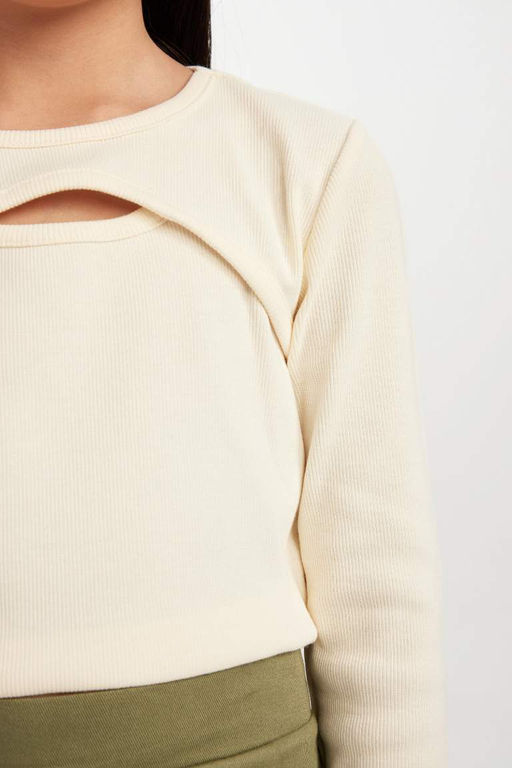 Облегающая футболка с круглым вырезом и длинными рукавами в рубчик для девочек - Defacto фото 5