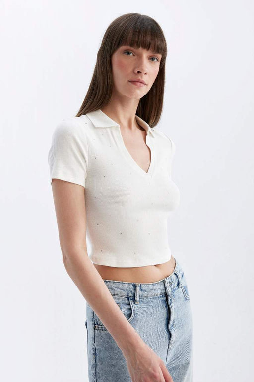 Футболка-поло с короткими рукавами и зауженным кроем в рубчик на камзоле - Defacto фото 3