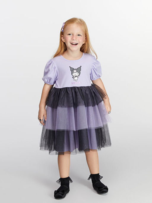 Balon Kollu Kuromi Bask?l? K?z ?ocuk Elbise