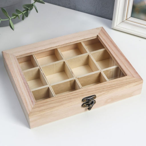 Шкатулка для росписи дерево «Прямоугольная со стеклянной вставкой», для творчества, декора, 12 отделений, 3.5×19×15 см