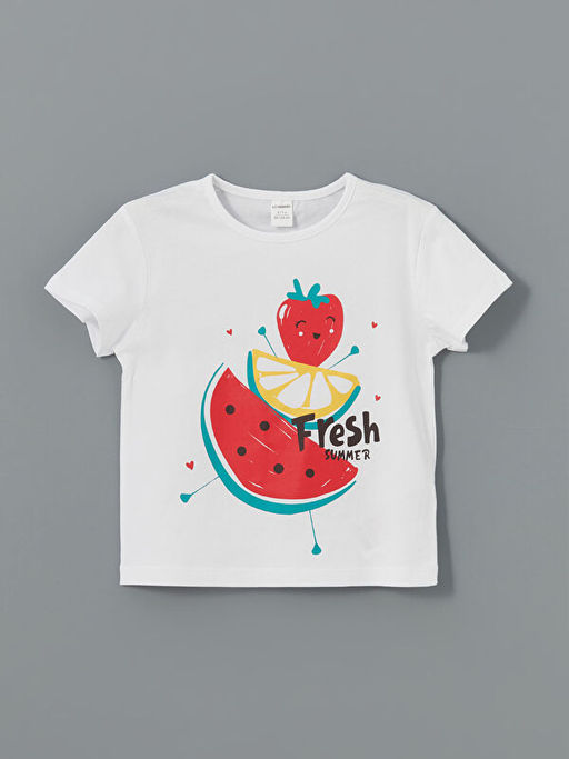 Bisiklet Yaka Meyve Bask?l? K?z ?ocuk Ti??rt 2li