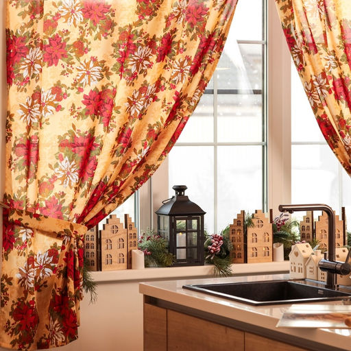 Комплект штор для кухни с подхватами «Доляна. Новогодние украшения», 2 шт., жёлтые, 145×180 см