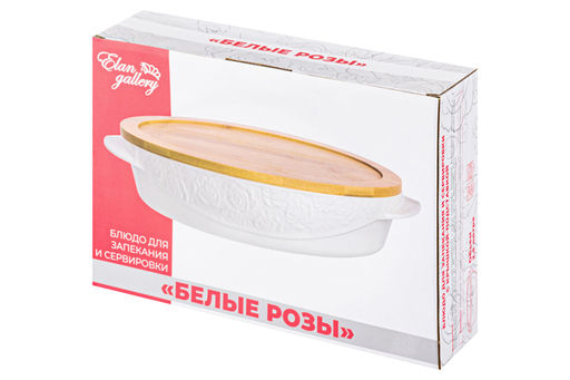 Блюдо д/зап и серв 35*24*8 см 2,5 л Белые розы овал + дерев. крышка-подставка - Elan gallery фото 11