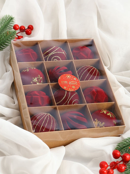 Ёлочные шары «Бархат. Время праздника», d=6 см, 12 шт., завитки снежинки, красный