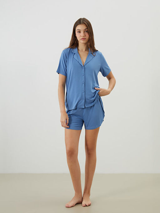 G?mlek Yaka Kad?n ?ortlu Pijama Tak?m?