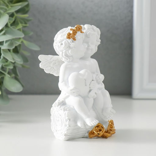 Фигурка полистоун «Белоснежные ангелочки на брёвнышке - сердце и ключик», 7.5×7×10.5 см