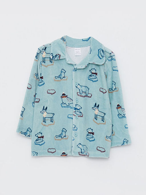 Polo Yaka Uzun Kollu Bask?l? Kadife Erkek Bebek Pijama Tak?m? - Waikiki фото 2