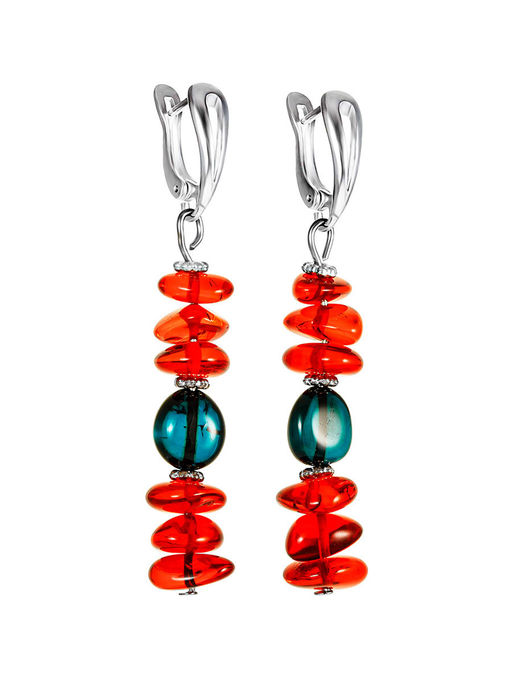 Яркие серьги из натурального балтийского янтаря красного и бирюзового цвета Богемия