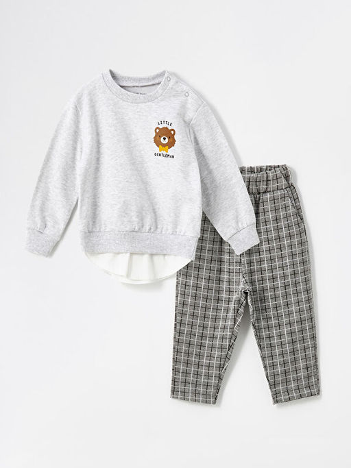 Bask?l? Erkek Bebek Sweatshirt ve Pantolon 2li Tak?m