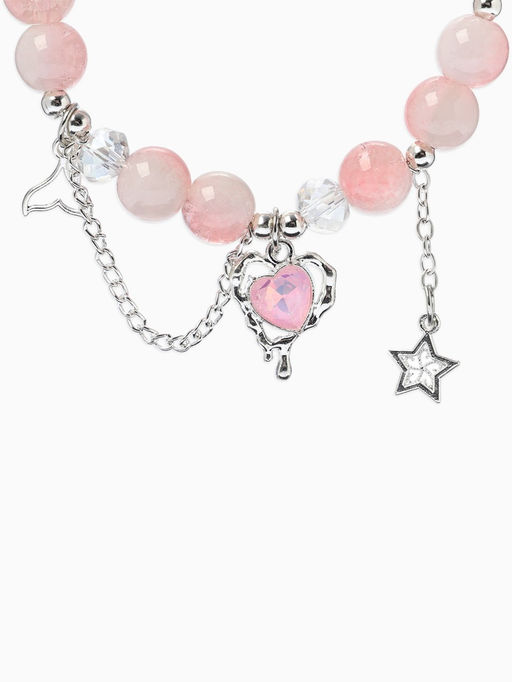 Браслет с подвесками "Сахарный" сердце тякучее, шар № 10/8, цвет бело-розовый в серебре