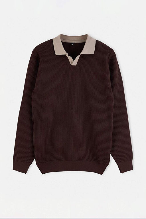 Kahverengi Oversize/Geni_ Kesim Dokulu Kontrast Yaka Detayl_ Polo Yaka Triko Kazak TMNAW27KZ00016 - Trendyolmilla фото 2