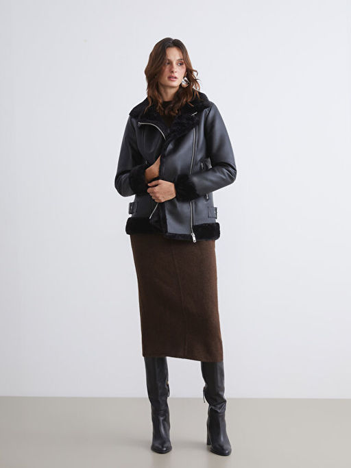 K?rkl? Yaka Kad?n Deri G?r?n?ml? Mont