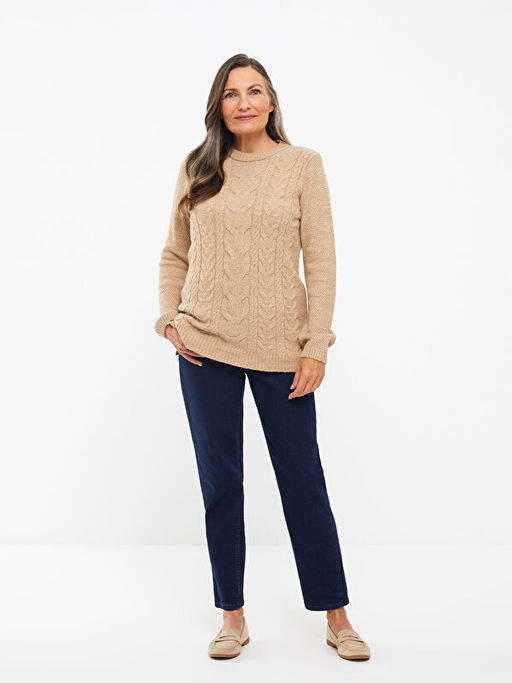 Dik Yaka Kendinden Desenli Kad?n Triko Kazak