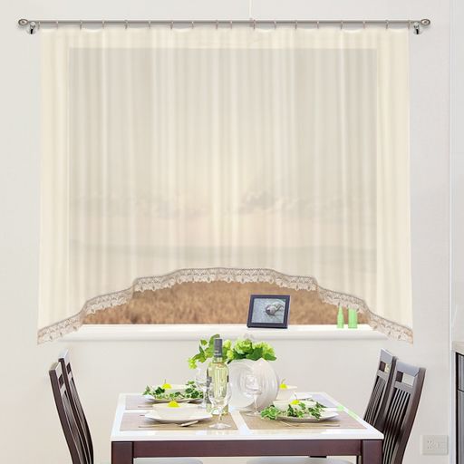 Готовые шторы арт. 0019/Ш, РЕЙЧЕЛ, занавеска из вуали с кружевом, цвет СВЕТЛЫЙ ШАМПАНЬ, размеры 300 см ширина, 170 см высота, пошита на шторной ленте